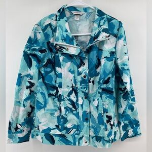 Christopher&Banks Blue White Abstract Jean Jacket Zip Snap Classy Fun Womens Med